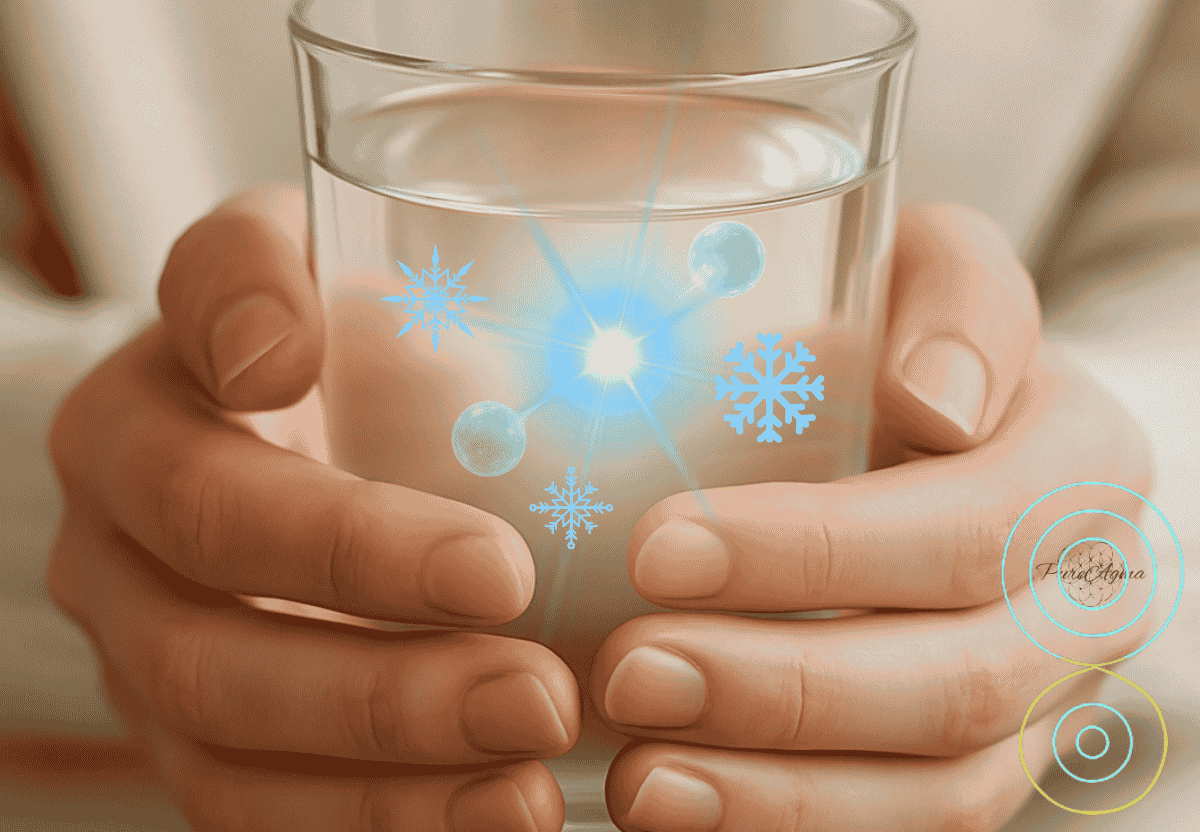 Handen houden een glas water vast waarin een lichtsymbool en kristalvormen zichtbaar zijn – symbool voor bewust water, frequentie en heling.