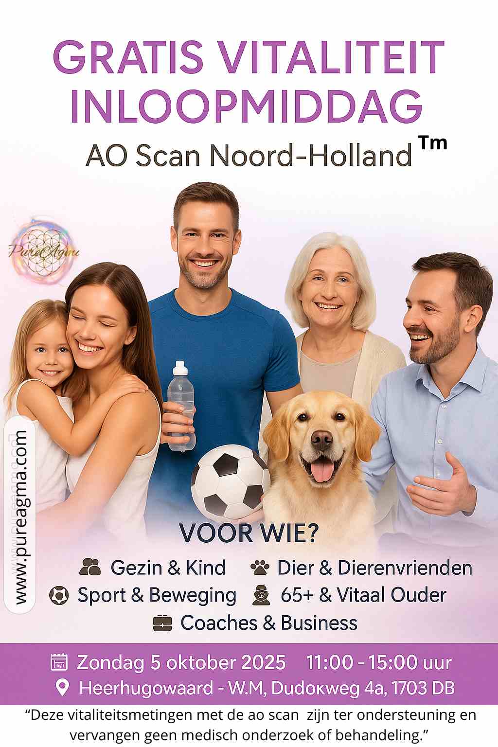 Poster van PureAgma voor een gratis vitaliteit inloopmiddag met AO Scan Noord-Holland. Voor gezin, kinderen, sport, dieren, 65+ en coaches. 5 oktober 2025 in Heerhugowaard.