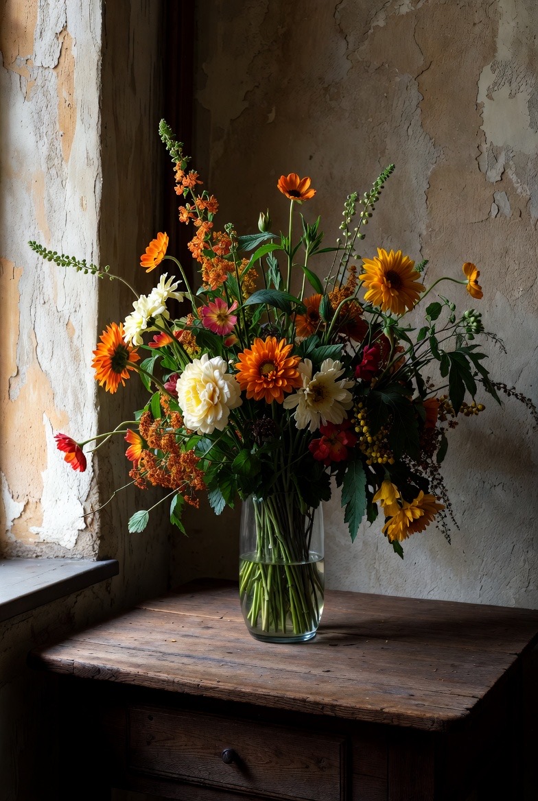 veldboeket oranje creatie, vruchtbaarheid, vrolijk boeket, zomer boeket