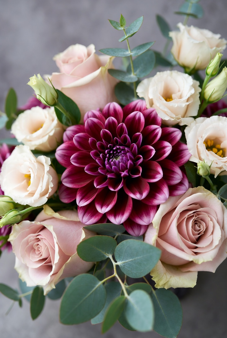 Premium boeket met dahlia, roos en lisianthus in wijnrood, blush en crème, rustig geschikt met veel ruimte tussen de bloemen Premium boeket met dahlia, roos en lisianthus in wijnrood, blush en crème, rustig geschikt met veel ruimte tussen de bloemen