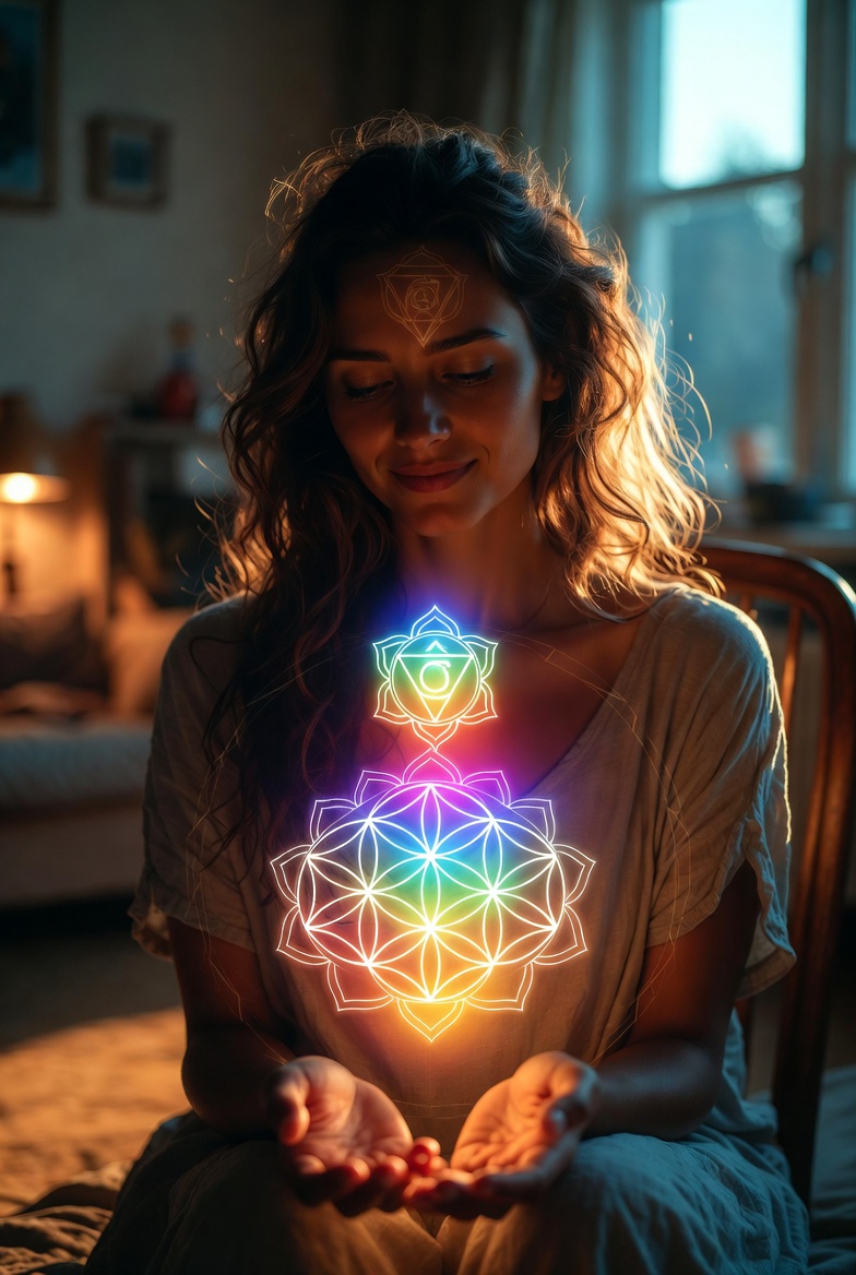 vrouw met open handen en chakra licht iedereen onderneemt op zijn eigen manier, spiritueel ondernemen, authentiek ondernemen